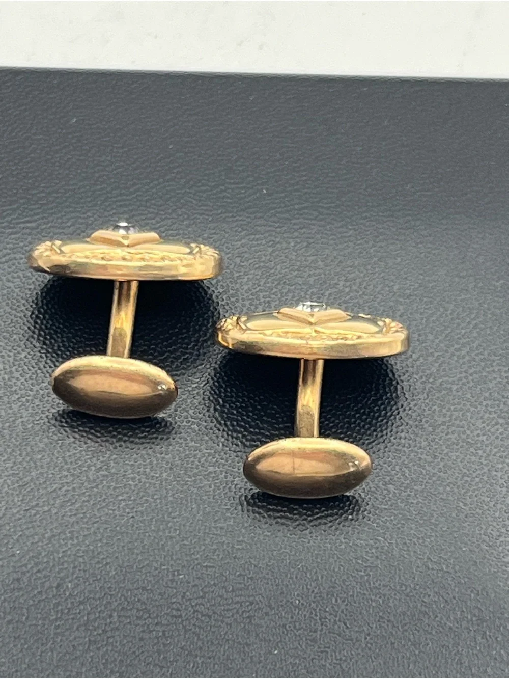 Victorian gold tone embossed design clear rhinestone vintage cufflinks